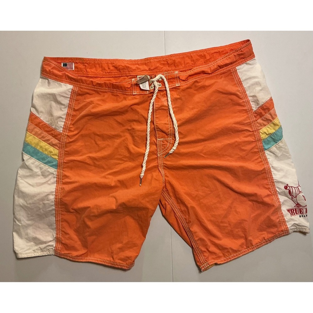 VTG USA Made True Religion Mens Orange Boardshorts Sz 44 Swim Trunks Color Block